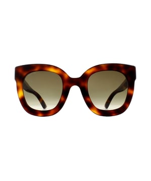 Gucci Zonnebril GG0208S 003 Havana Bruin Gradiënt zijn een ultra-vrouwelijke extra grote vierkante stijl gemaakt van lichtgewicht acetaat. De dikke tempels hebben het vergrendeling van Gucci GG-logo, omringd door sterren en het hommelmotief bij de tempelpunten.