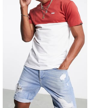 T-shirt by Van, colour-block design, crew neck, short sleeves, logo print to chest, logo patch to cuff, regular fit and true to size.