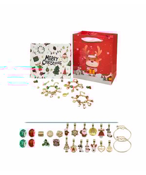 SIERADEN ADVENTSKALENDER 24 DOZEN Afmetingen kalender: 23x17cm Wordt geleverd met een elegant cadeauzakje Patroon: Kerstmis Materiaal: roestvrij staal, verguld 2 armbanden + 22 bedels KLEUREN: GOUD ROOD GROEN WIT