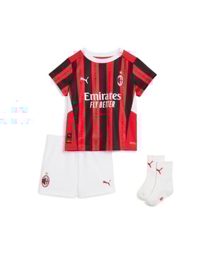 PRODUCT STORY: Where Red meets Black, football meets family. Introducing the 24/25 AC Milan Home Kit. With graphics inspired by the human genome, the latest evolution of the iconic Rossonero stripes celebrates how the love for AC Milan has been passed on through generations, from Milan to the world, since 1899 and forever. DNA says ACM. Welcome to the family. FEATURES & BENEFITS: dryCELL: Performance technology designed to wick moisture from the body and keep you free of sweat during exercise; Made with 100% recycled material excluding trims & decorations. DETAILS: Regular fit; 170 gsm, Jacquard; Short sleeves; Official team branding; PUMA Toddlers: Recommended for toddlers between 0 and 4 years.