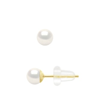 Earrings Yellow Gold 750 - Real Cultured Freshwater Pearls Round 4-5 mm - COLOR NATURAL PEARL WHITE - Butterfly Clasp SILICONE - Delivered with Certificate of Authenticity and International Guarantee - MADE IN FRANCE -