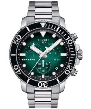 Product Specifications

Brand: Tissot
Model: 120.417.11.091.01

Movement: Quartz (battery)

Case Size: 45mm

Packaging: Tissot box, instructions and a warranty. Please contact Secret sales

Case Material: Stainless steel

Band Material: Stainless steel

Dial Colour: Black/Green

Glass: Sapphire crystal
Water Resistance: 300m or 30ATM

Product Description
Introducing the Tissot Seastar 1000 Stainless Steel Bracelet Green Dial Men's Watch a maritime-inspired timepiece that combines precision engineering with bold aesthetics. Immerse yourself in the world of Tissot, where innovation meets adventure, and elevate your wristwear with this robust and stylish watch designed for the modern explorer.
Powered by a reliable quartz movement, this watch ensures precise timekeeping, making it an essential companion for those who appreciate accuracy and functionality. The battery-operated mechanism upholds Tissot's commitment to reliable Swiss craftsmanship.
The 45mm stainless steel case is built for durability and functionality, reflecting the spirit of adventure associated with the Seastar collection. Meticulously crafted, it provides a sturdy foundation for the captivating black and green dial, creating a watch that's both rugged and refined.
The stainless steel bracelet complements the case seamlessly, offering durability and a polished finish. With a link bracelet design, this watch ensures a secure and comfortable fit, making it suitable for both underwater exploration and everyday wear.
The dynamic black and green dial evokes the depths of the ocean, adding a nautical touch to the watch. The combination of colours creates a captivating visual contrast, enhancing readability in various lighting conditions. The luminous hands and markers ensure visibility even in low-light situations.
Protected by scratch-resistant sapphire crystal, the dial remains clear and pristine, ensuring lasting clarity and durability. This premium crystal not only enhances the longevity of the watch but also provides an unobstructed view of the intricately designed dial.
With an impressive water resistance of 300 meters or 30ATM, the Tissot Seastar 1000 is designed for underwater adventures. Whether you're diving into the depths or navigating your daily routine, wear it confidently, knowing it can withstand the challenges of aquatic environments.