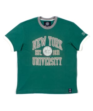 Applique logo tee by Champion, complete with a varsity-inspired design. Crew neck and short sleeves, complete with 'New York University' stitched across the chest &amp; a printed design on the left sleeve.