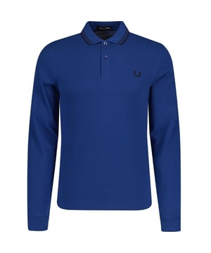 Polo Fred Perry Azul, Estampado En Cuello, Cierre De Botones En El Cuello. Polo 100% Algodón, Manga Larga, Azul Oscuro