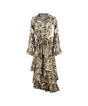 Inoa Makucha Panthera 1202117 Brown Long Sleeve Silk Uneven Hem Ruffle Dress. Show off your style wearing the Inoa Brown Dress. Its flattering Print make it a timeless piece for your wardrobe. Crafted from luxurious fabric, you'll make a statement with every wear. Make a statement in style!. 100% Silk, Animal Print Design. Long Sleeve, Button Closure, Uneven Hem. This Item is suitable for sizes UK 8- UK 14. Product Style: Makucha Panthera 1202117