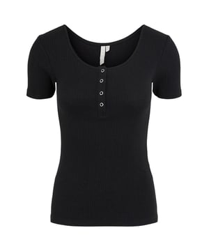 Classic black buttoned T-shirt for women
  Short sleeves and round neckline
  Made of 95% cotton and 5% elastane for comfort
  Versatile and timeless design
  Machine washable at 30°
 95% cotton -5% elastane