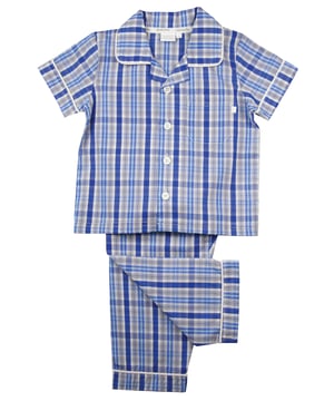 Blue Cotton Check Traditional Summer Pyjamas.

There’s no such thing as a basic check at Mini Vanilla! In our Short sleeve crisp summer cotton boys pyjamas we’ve blended blue, grey and white to create a  traditional look that’s perfect for lounging or sleeping. Made from super-soft 100% crisp cotton. The set is trimmed with white cotton piping. The top has an open collar and revere, single square pocket with MV tab and fastens with Mini Vanilla Engraved buttons. The crisp cotton comfy trousers have a fully soft elasticated waist and white piping at the hem to finish this very traditional boys pyjamas

Sold as a Pyjama set.
Fabric 100% cotton - crisp summer weight.
Fire Warning : KEEP AWAY FROM FIRE AND FLAMES.
Wash Care Instructions : Machine wash inside out, do not soak, wash dark                    colours separately, do not iron trims. Save energy and wash at 30 degrees.
Do not tumble dry