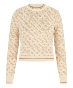 Ontdek de stijlvolle 'LISE' damestrui van Guess. Deze trui wordt gekenmerkt door zijn klassieke ronde hals en lange mouwen. De geribde manchetten en zoom en de jacquardstof met een all-over labelprint geven hem een speciale touch. Dankzij de elastische stof heeft hij een perfecte slanke pasvorm en een getailleerde snit. Een elegant en comfortabel kledingstuk voor elke gelegenheid.