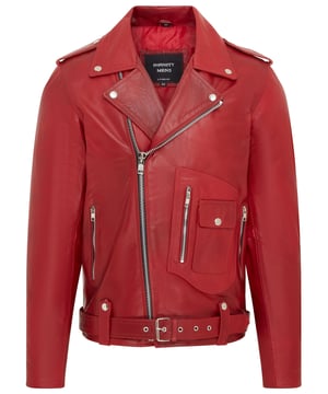 This iconic Brando-style leather jacket combines timeless design with modern functionality. Crafted from premium cowhide, it features an asymmetric YKK zip front and wide studded lapels for a classic biker look. Designed for both style and comfort, the jacket offers multiple adjustable features and practical storage options, making it a versatile addition to any wardrobe.

Premium cowhide leather in a classic Brando design
Asymmetric YKK zip closure for a stylish edge
Adjustable waist belt for a tailored fit
Zipped gauntlet cuffs for a customizable feel
Wide notch lapels with stud detailing
Multiple exterior zip and stud-fastened pockets
Integrated lining pockets for added convenience
Available in a variety of colors to suit all tastes