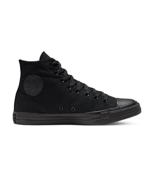 Unisex Black Monochrome Converse Chuck Taylor All Star Ox High Top Trainers constructed in a lightweight and durable canvas upper and finished with an iconic rubber toe cap. A monochromatic Black rubber sole completes the design of this sneaker. These Unisex high top sneakers also feature medial eyelets to enhance airflow and are detailed with a classic 'All Star' ankle patch and branding on the heel cage.
