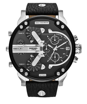 Diesel DZ7313 DADDY 2.0 horloge. Het oversized horloge heeft een roestvrijstalen kast en is voorzien van een analoog chronograaf quartz uurwerk. Het is compleet met een echt leren band en heeft een zwarte wijzerplaat.  EAN 4053858270855