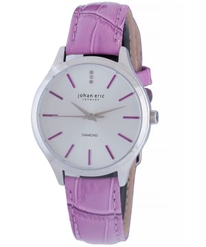 Johan Eric Women's Swiss Quarz Diamond Purple Leather Strap Watch (Johan Eric Women's Watch). Johan Eric swiss quartz watch with diamond ont he dial. Stainless steel case and purple leather strap. Case Diameter: 35mm Crown: Push-pull Strap Color: Purple Type: Analog, Fashion, Casual Product Features: Diamond, Three Hand Material: Leather, Stainless Steel Case Thickness: 8mm Closure Type: Buckle Strap Width: 16mm Strap Water Resistance Depth: 30 Meters Movement: Swiss Quartz Strap Length: 7 Inch Dial Color: Silver-Tone Dial Window Material: Mineral Gender: Women's Most women's watch bands can be sized to fit 6.5-inch to 7.5-inch wrists.
