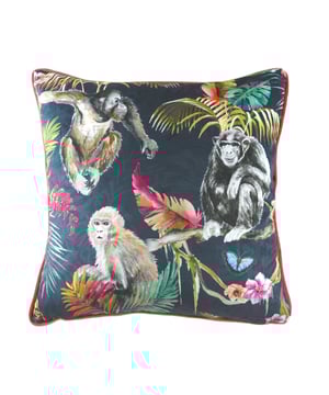 Add a touch of the rainforest into your interior with this ultra-luxe velvet feel fabric cushion. With a hand painted design of Monkeys resting in the tree's - this design will sure make a statement in any contemporary or modern home.