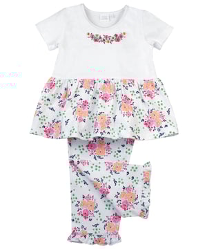 We love the pretty floral print that adorns our pure-cotton pyjamas. This floral lounge pyjamas set, with a neckline embroidery and printed hem short sleeve top is made from super soft 100% cotton jersey and has a matching floral print bottoms with soft elasticated waist and frilled hem. Ideal for lounging or sleeping!