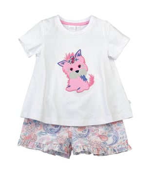 Every little one needs a pure-cotton shortie set for warmer nights. The pretty Lilac and pink woven shorts feature an  all-over paisley print and a little frill hem and soft elasticated waist, while the white top has an adorable puppy appliqué onto a white super soft cotton jersey A-line top.  Sure to be a firm favourite this summer!