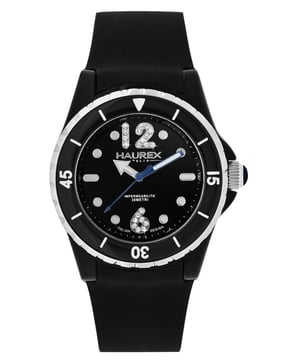 Reloj Haurex con esfera de cuarzo color negro # PN379DNS (Reloj para mujeres). Número de modelo: PN379DNS PN379DN PN379D PN379. Tipo de movimiento: Cuarzo. Profundidad resistente al agua: 30 metros. Cristal: Mineral. Función del bisel: Unidireccional. Material del bisel: Acero inoxidable. Tipo de cierre: Hebilla. Material de la caja: Plástico. Ancho de la correa: 23 milímetros. Diámetro del tamaño de la caja: 36 milímetros. Longitud de la correa: Estándar para mujeres. Grosor del tamaño de la caja: 13.5 milímetros. Material de la correa: Silicona. Forma del artículo: Forma redonda. Tipo de pantalla: Analógica. Color de la esfera: Negro. Color de la correa: Negro.