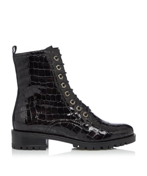 The Prestone boot from Dune will add edge to your footwear line-up. Resting on a comfortable low block heel and shaped with a round toe. It's fitted with a pull tab and secured with a stylish lace-up fastening.