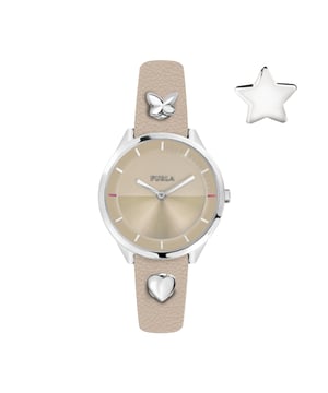 Silver-tone stainless steel case with a beige leather strap. Fixed silver-tone stainless steel bezel. Beige dial with silver-tone hands and index hour markers. Dial Type: Analog. MOV.Y120EY quartz movement. Scratch resistant mineral crystal. Pull / push crown. Solid case back. Round case shape, case size: 31 mm, case thickness: 8 mm. Band width: 13 mm. Buckle clasp. Water resistant at 50 meters / 165 feet. Functions: hour, minute. Fashion watch style. Furla Pin Beige Dial Ladies Watch R4251102540.