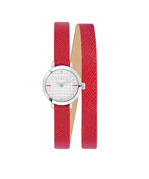 Silver-tone stainless steel case with a ruby leather strap. Fixed silver-tone stainless steel bezel. Silver-tone dial with silver-tone hands and index and crystal hour markers. Dial Type: Analog. Quartz movement. Scratch resistant mineral crystal. Pull / push crown. Solid case back. Round case shape, case size: 21 mm, case thickness: 7 mm. Band width: 18 mm, band length: 7.5 inches. Buckle clasp. Water resistant at 50 meters / 165 feet. Functions: hour, minute. Dress watch style. Watch label: Japan Movt. Furla Vittoria Silver Dial Ladies Watch R4251107502.