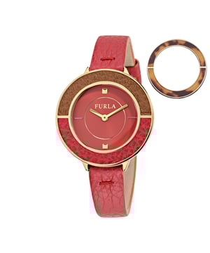 Furla leather watch from the Club Collection. 34mm stainless steel case and hardware. Red leather strap with buckle closure. Red dial and colorblock embossed bezel. Stud and baton time markers. Two-hand quartz movement. Water resistant to 5 ATM. Mineral crystal window.