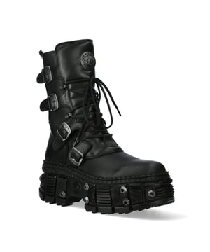 La icónica bota WALL373-S11 pertenece a la popular colección Wall. Está confeccionada con el mejor cuero de vaca combinado con una suela de goma duradera. Estas botas cuentan con cierre de cordones, plantilla acolchada, forro de cuero y encarnan la calidad, el estilo y la comodidad que esperas de New Rock Boots. Estas elegantes botas unisex tienen un tacón de goma de 10 cm para darte una presencia imponente que seguro llamará la atención. El ajuste es excelente, elegante y sexy como se muestra en la imagen. ¿Por qué no comprar algo único, versátil, elegante y diferente? Altura del tacón: 10 cm Altura de la plataforma: 8 cm Altura de la caña: 21 cm Ancho de la pantorrilla: 33 cm Material de la suela: caucho natural Material exterior: piel de vacuno