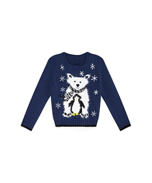 Cute and cosy, our Yumi Girl Polar Bear Penguin Jumper will keep your little girl warm in the cooler months. Designed in a relaxed shape, this seasonal jumper features a friendly polar bear hugging his penguin friend, whilst also looking charming in a woolly scarf. Dainty snowflakes bring this piece to the perfect finish.  85% Acrylic,15% Polyamide Machine Wash At 30 Length is 48cm-19inches
