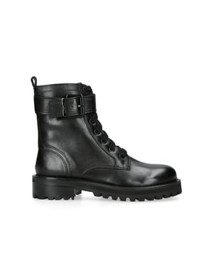This pair of Kurt Geiger South Lace Up boots are crafted from black leather with lace up front and strap across the ankle. The buckle fastening is in black to create the black drenched effect.