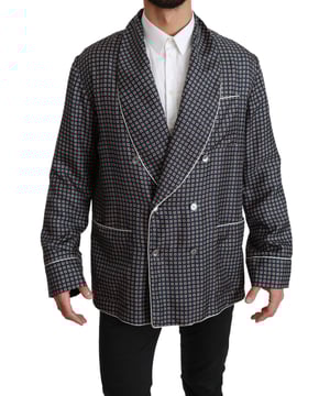 Merk: Dolce & Gabbana  
Stijl: Dubbelbreasted jas  
Kleur: Marineblauw met patroon  
Sluiting: Knopen  
Pasvorm: Normale pasvorm  
Drie buitenzakken  
Logo details  
Gemaakt in Italië  
Materiaal: 100% zijde  
Voering: 100% zijde  
Materiaal: 100% zijde