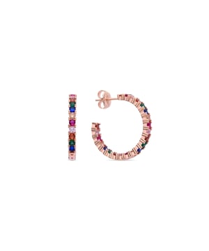 Aros vyamba de plata de ley 925 y circonita multicolor con acabado en baño oro rosa de 18 quilates. Trendy representa las tendencias clave en el mundo de la moda. Nuestra línea más espontanea, con un marcado carácter boho y espíritu moderno que concentra en joyas repletas de color entre las que destaca el uso de piedras naturales y diseños en forma de amuletos y talismanes.