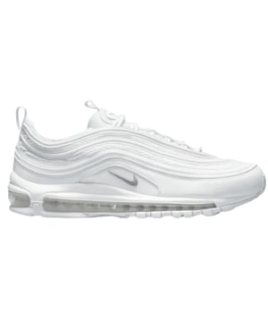 Air Max 97, wei�e Schuhe, wei�e Nike-Turnschuhe, 100 % Textil, beliebte Nike-Styles, Schn�rverschluss, wei�e Turnschuhe, Markenlogo auf der Vorderseite des Schuhs,