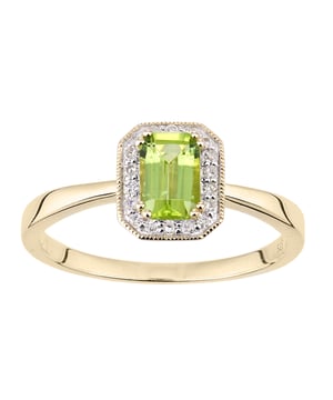 9K (375) geel goud: 1,3 gram; # Diamant: 0,08 ct; # Peridoot: 0,58 ct
