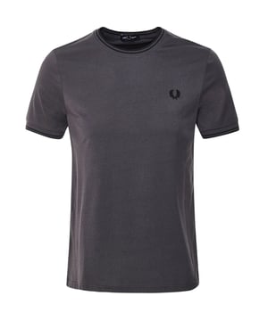 Fred Perry Grey Tee, 100% Cotton, Twin Tipped Collar, Branded Logo On Left Chest. Regular Fit, Elasticated Collar and Sleeve Endings, Gunmetal Grey Tee