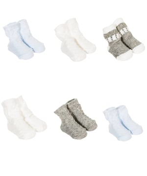 Pack of 6 Le Petit Garçon socks.
 - Striped print.
 - Star Print.
 Made for babies 0-6 months.
 Anti-pressure cuffs.
 Composition: 73% Cotton, 18% Polyester, 7% Nylon, 2% Elastane
 Care:
- Wash maximum at 40ºC.
 - Do not iron.
 - It is not allowed to use a dryer.
 - Do not use bleach.
 - Does not support dry cleaning.