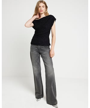 Lace fabric, Drape detail, Asymmetric neckline, Short sleeves