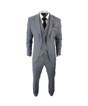 Step into sophistication with our Classic and Elegant Design men's 3-piece suit, featuring a timeless Grey color with contrasting pocket trims and a sophisticated textured pattern fabric, perfect for formal occasions. Product Design Bullet Points:  
Versatile Formal Attire: Suitable for weddings, business events, or special occasions, ensuring a sharp and well-dressed look. 
Complete 3-Piece Set: Includes a jacket, vest, trousers, and pocket chain for a polished and coordinated outfit. 
Premium Material: Crafted from high-quality materials for comfort and durability, ensuring long-lasting style. 
Sophisticated Textured Pattern Fabric: Adds a touch of elegance and refinement to your formal ensemble. 
Contrasting Pocket Trims: Enhances the visual appeal of the suit, adding depth and dimension to your look.  Made from a blend of 65% Polyester, 32% Viscose, and 3% Lycra for a comfortable and stylish finishSizes	Jacket & Trouser Size
36R :	36" (Chest) 30" (Waist)
38R :	38" (Chest) 32" (Waist)
40R :	40" (Chest) 34" (Waist)
42R : 	42" (Chest) 36" (Waist)
44R :	44" (Chest) 38" (Waist)
46R : 	46" (Chest) 40" (Waist)
48R :	48" (Chest) 42" (Waist)
50R :	50" (Chest) 44" (Waist)
52R :	52" (Chest) 46" (Waist)
54R :	54" (Chest) 48" (Waist)