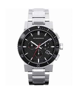 Swiss Made Quartz Chronograph Movement. Running Seconds. 30 Minute and 12 Hour Counter. 42mm Stainless Steel Case. Scratch Resistant Sapphire Crystal. Black Ceramic Bezel. Black Textured Dial. Luminous Stainless Steel Hands and Stick Indexes. Date Window at 4. 22mm Lug Width - Stainless Steel Bracelet with Push Button Butterfly Clasp. Water Resistant to 50 Meters 5ATM - Swiss Made The Watch comes in the Burberry Presentation Box with all the Papers and 2 Years Warranty.