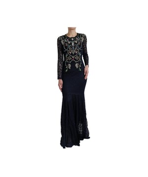 Marke: Dolce & Gabbana  
Modell: Bodenlanger, langärmeliger Sheath Fit and Flare  
Farbe: Marineblau  
Mehrfarbige Kristallverzierung  
Innenseite aus dehnbarem Seidenstoff  
Reißverschluss auf der Rückseite  
Logodetails  
Hergestellt in Italien  
Material: 88% Viskose, 12% Nylon  
Futter: 76% Seide, 16% Baumwolle, 4% Elasthan, 4% Nylon  