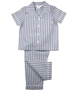 Blue and White Stripe Traditional Summer Pyjamas.

Our classic short sleeve crisp summer cotton boys pyjamas in a blue and white stripe creates a traditional look that’s perfect for lounging or sleeping. Made from super-soft 100% crisp cotton. The set is trimmed with white cotton piping. The top has an open collar and revere, single square pocket with MV tab and fastens with Mini Vanilla Engraved buttons. The crisp cotton comfy trousers have a fully soft elasticated waist and white piping at the hem to finish this very traditional boys pyjamas

Sold as a Pyjama set.
Fabric 100% cotton - crisp summer weight.
Fire Warning : KEEP AWAY FROM FIRE AND FLAMES.
Wash Care Instructions : Machine wash inside out, do not soak, wash dark                    colours separately, do not iron trims. Save energy and wash at 30 degrees.
Do not tumble dry