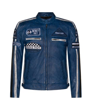 Finished in our premium nappa leather and detailed with our embroidered vintage badges, racing enthusiasts look no further. The classic biker style is levelled up with the addition of twin contrasting racing stripes on the sleeves and a thoughtful placement of racing badges to make this iconic piece. The jacket still stays true to its biker roots with a classic short tab collar and two zip pockets positioned at the breast for a traditional look. For additional storage find two hand pockets at the waist as well as a further two compartments integrated in the lining, to ensure this jacket is as practical as it is stylish.  • 100% premium ultra-soft nappa leather. • Four exterior and two internal pockets • Racing style stripes on each of the jacket sleeves • Full length YKK zip on the front • Embroidered racing style badges featured across the jacket front and sleeves