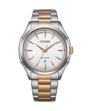 This Citizen  Analogue Watch for Men is the perfect timepiece to wear or to gift. It's Silver 42 mm Round case combined with the comfortable Multicolour Stainless steel watch band will ensure you enjoy this stunning timepiece without any compromise. Operated by a high quality Eco-Drive movement and water resistant to 10 bars, your watch will keep ticking. This high quality classic watch gives a comfortable feeling with its Stainless steel strap, it's perfect for every occasion -The Analogue watch has a calendar function: Date , Solar Powered High quality 21 cm length and 21 mm width Multicolour Stainless steel strap with a Fold over with push button clasp Case diameter: 42 mm,case thickness: 10 mm, case colour: Silver and dial colour: White