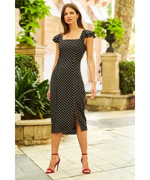 REASONS TO BUY:

A compliments guaranteed kinda dress
Sexy figure-hugging pencil style
On-trend square neck
Feminine ruffle sleeves
Timeless polka dot print
Add a pop of colour with pink heels