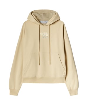 Stay warm and stylish with this Off-White Hoodie. Featuring a contemporary design and the iconic Logo, this hoodie is sure to be a conversation starter. Show off your unique style!., Script Design, Drawstring Adjustable Hood, Large Front Kangaroo Pocket, Regular Fit, 100% Cotton, Made In Portugal, Streetwear, Beige Hoodie, Hooded Jumper