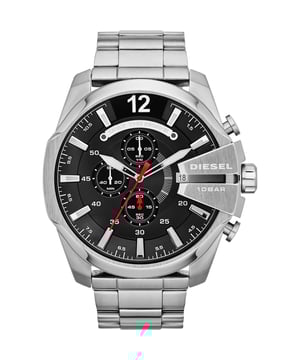 This Diesel Mega Chief Chronograph Watch for Men is the perfect timepiece to wear or to gift. It's Silver 51 mm Round case combined with the comfortable Silver Stainless steel watch band will ensure you enjoy this stunning timepiece without any compromise. Operated by a high quality Quartz movement and water resistant to 10 bars, your watch will keep ticking. This sporty and fashionable watch gives you a unique feeling in every outfit! -The watch has a calendar function: Date, Stop Watch, Luminous Hands, Luminous Numbers High quality 21 cm length and 26 mm width Silver Stainless steel strap with a Fold over with push button clasp Case diameter: 51 mm,case thickness: 14 mm, case colour: Silver and dial colour: Black