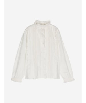 Bonpoint's totally French aesthetics have been depicted with care and beautiful precision. This Ginese blouse is depicted in refined organic cotton with an elegant high collar. It is enhanced by openwork, pintuck pleats, embroidered ruffles, and it fastens at the front with small mother-of-pearl buttons. Long Sleeves Certified Organic Cotton  Ruffled Collar, Button Placket, and Cuffs  Buttoned Cuffs 100% Certified Organic Cotton
