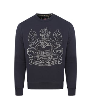 Aquascutum Pixel Aldis Logo Marineblauwe Sweater. Elastische Kraag, Mouwuiteinden en Taille. 100% Katoenen Sweater. Regular Fit, Valt Normaal op Maat. FAI001 85
