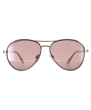 Guess Aviator Womens Shiny Rose Gold Bordeaux Mirror GF0350  Sunglasses are a stylish, aviator frame, that exude timeless glamour while providing optimal coverage and sun protection. Crafted from lightweight metal , these sunglasses ensure durability and comfort, making them ideal for any occasion.