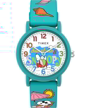 This Timex Peanuts Weekender Color Rush Analogue Watch for Child is the perfect timepiece to wear or to gift. It's Green 36 mm Round case combined with the comfortable Green Silicone watch band will ensure you enjoy this stunning timepiece without any compromise. Operated by a high quality Quartz movement and water resistant to 3 bars, your watch will keep ticking. Hit the beach with Snoopy! Your favorite beagle soaks up the sun on the dial and flexible silicone strap of our Color Rush watch. High quality 20 cm length and 17 mm width Green Silicone  strap with a Buckle Case diameter: 36 mm, case thickness: 8 mm, case colour: Green and dial colour: Multicolour
