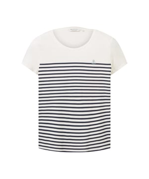 Dit casual shirt met korte mouwen combineert tijdloze elegantie met een moderne touch. Het losse model en de ronde hals met geribde boorden garanderen een comfortabele pasvorm en bewegingsvrijheid. Het streepdessin op de voorkant geeft het shirt een frisse en stijlvolle touch, terwijl het fijne borduursel subtiele accenten toevoegt. Gemaakt van zacht materiaal is het comfortabel om te dragen - ideaal voor ontspannen dagjes uit in stijl.