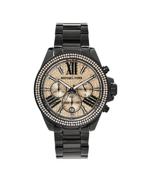 Michael Kors MK5879 Wren Crystal Dial Stainless Steel Bracelet Ladies Watch heeft een chronograaf met datumfunctie. Zwartkleurige roestvrijstalen kast en armband. Crystal pave wijzerplaat met roségoudkleur. EAN 0696746483940
