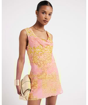 Floral print, Embellished detail, Cowl neckline, Sleeveless, Mini length